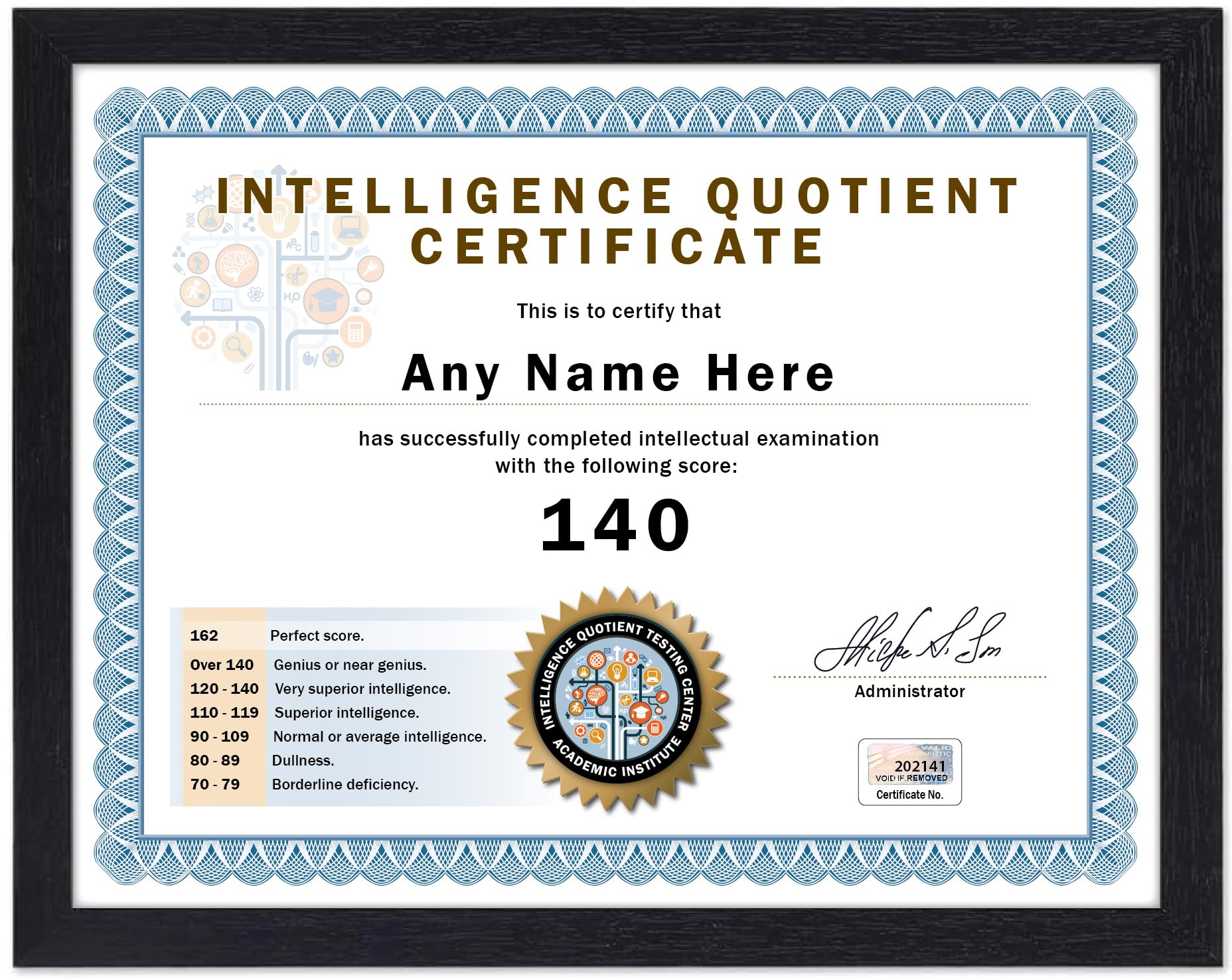 Personalized IQ Test Score Certificate with name and score