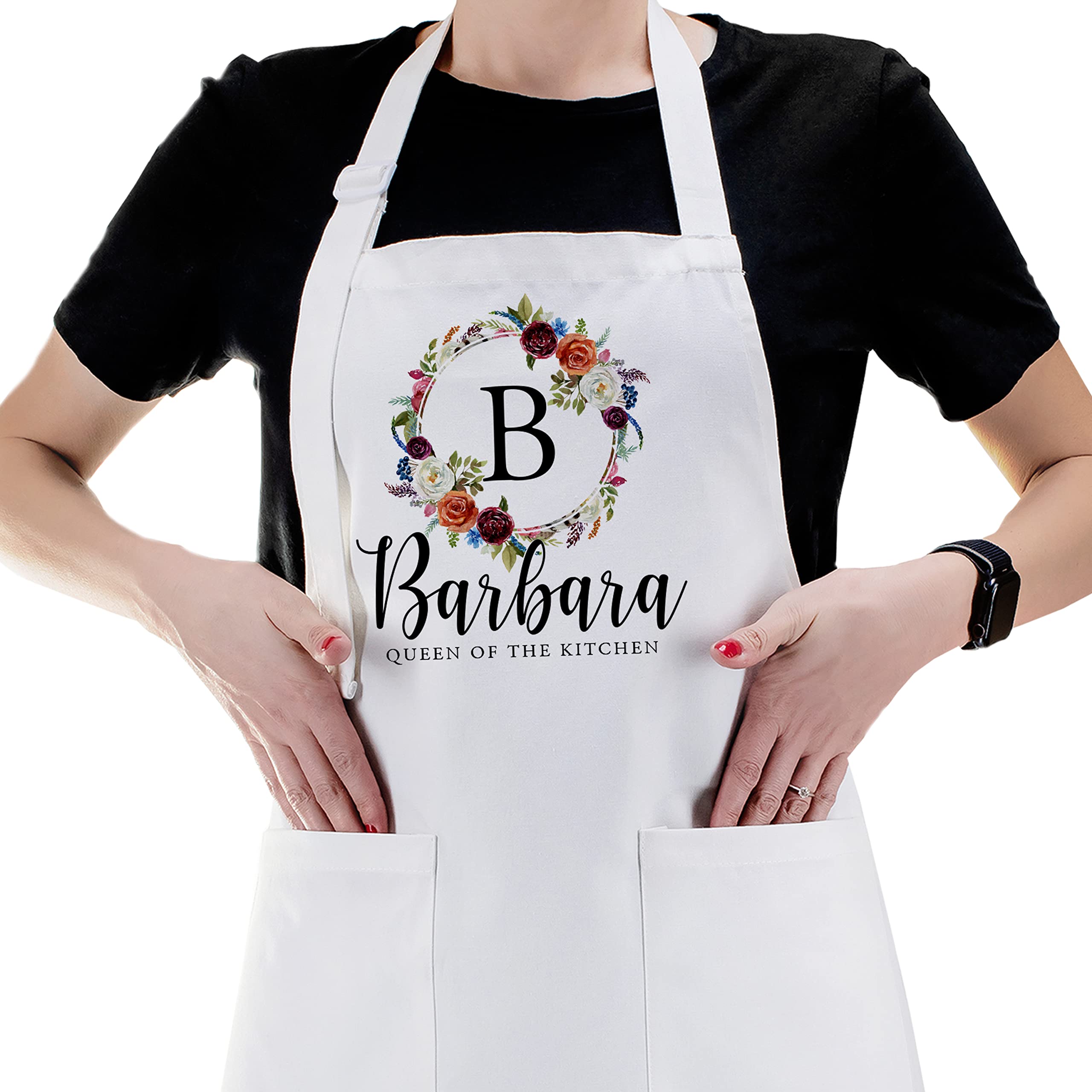 Personalized kitchen apron with floral initial design