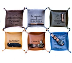 Personalized leather valet tray inside dimensions 6.5 x 6.5 inches