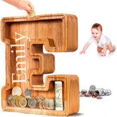 personalized letter piggy bank with custom name on wood