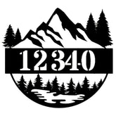 Personalized metal house number sign with mountain and pine silhouette