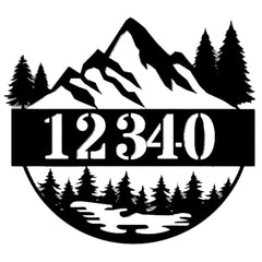 Personalized metal house number sign with mountain and pine silhouette
