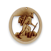 Front view of Personalized Mountain Climbing Ornament in natural wood