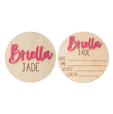 Personalized newborn announcement sign on birch wood for hospital display
