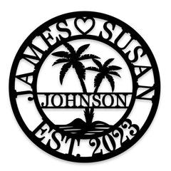Personalized Palm Metal Decor palm tree sign with family name on wall