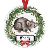 Personalized Pet Rat Ceramic Christmas Ornament 3-Inch front artwork with wreath and ribbon