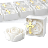 Personalized rose shaped soy candle favors with gold cross label