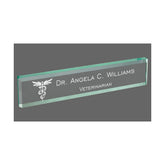 Personalized veterinarian name plate on jade glass desk