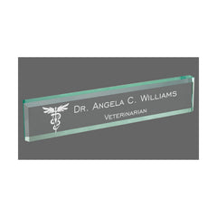 Personalized veterinarian name plate on jade glass desk