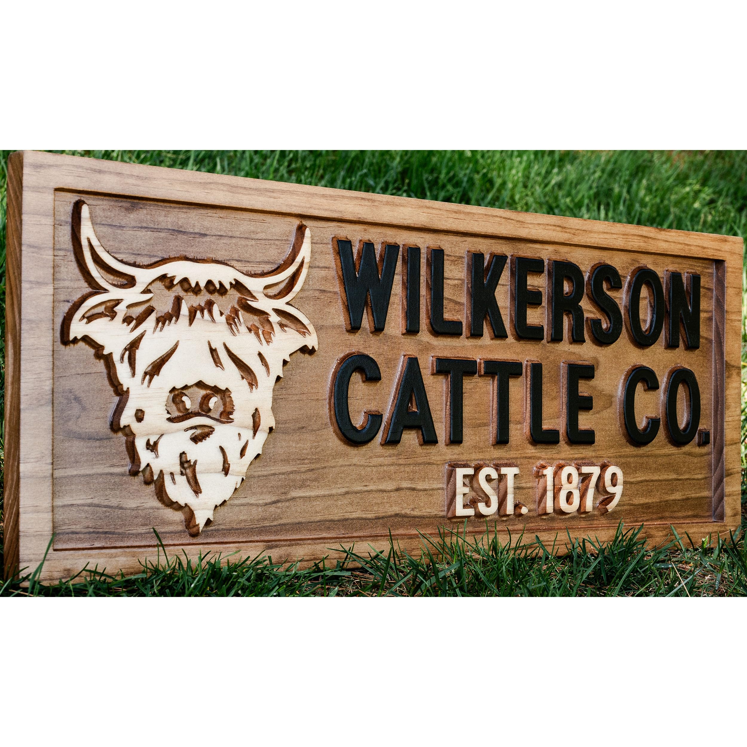 Personalized wood farmhouse sign Highland Cattle with 3D carving on pine