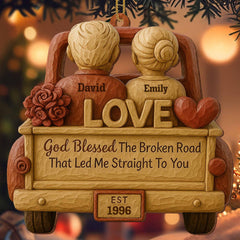 Personalized wood ornament for couples with rustic natural wood