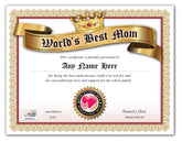 Personalized World's Best Mom Award Certificate diploma 8.5 x 11 inches print