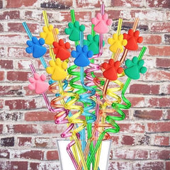 Reusable food-grade paw themed straws with bendable design
