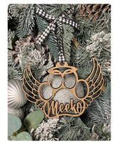 Pet Memorial Ornament Paw with Wings walnut wood shiplap