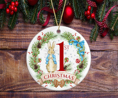 Peter Rabbit baby's first Christmas ornament with ribbon or cord