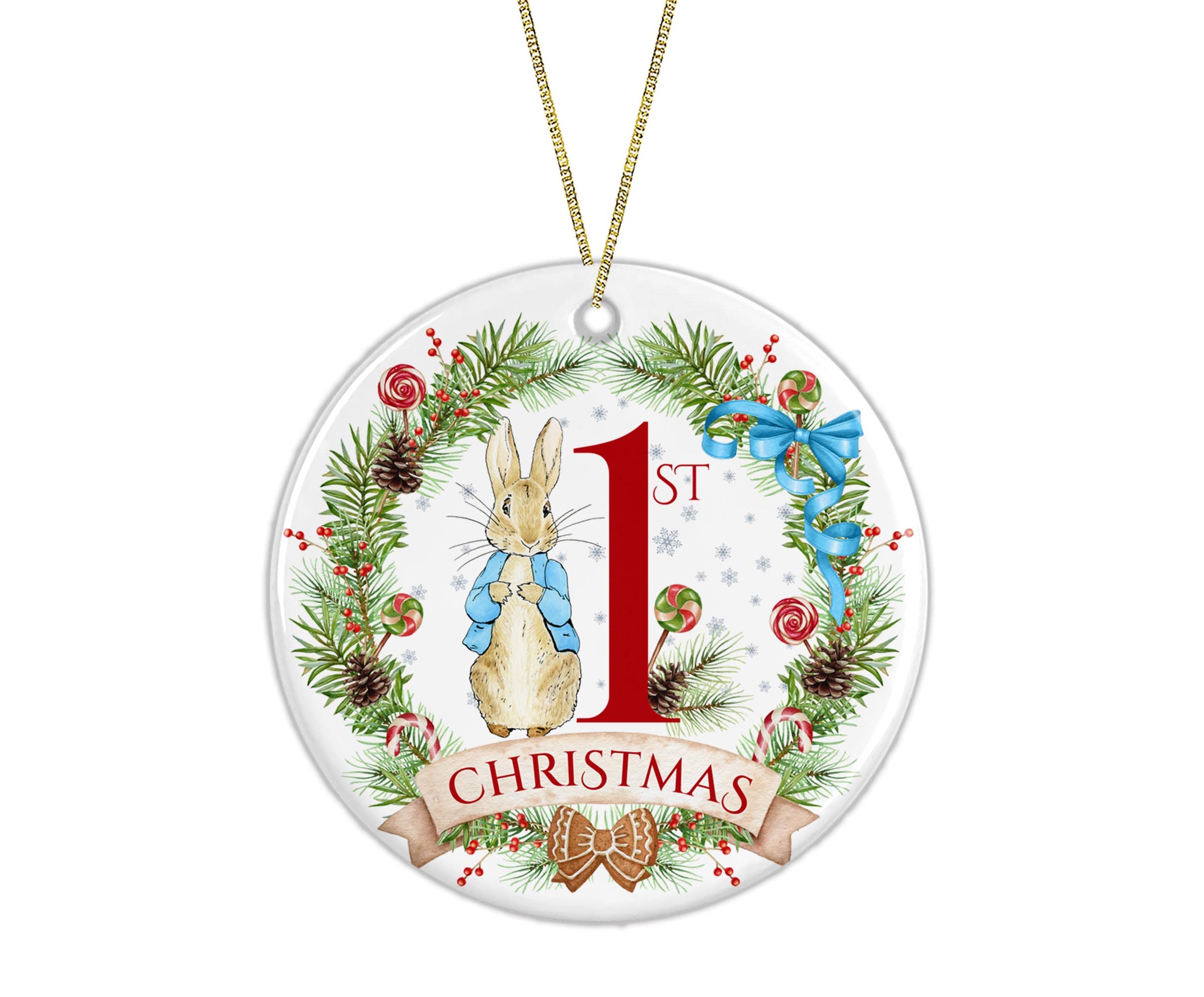 Peter Rabbit Christmas Ornament ceramic one-sided with white back