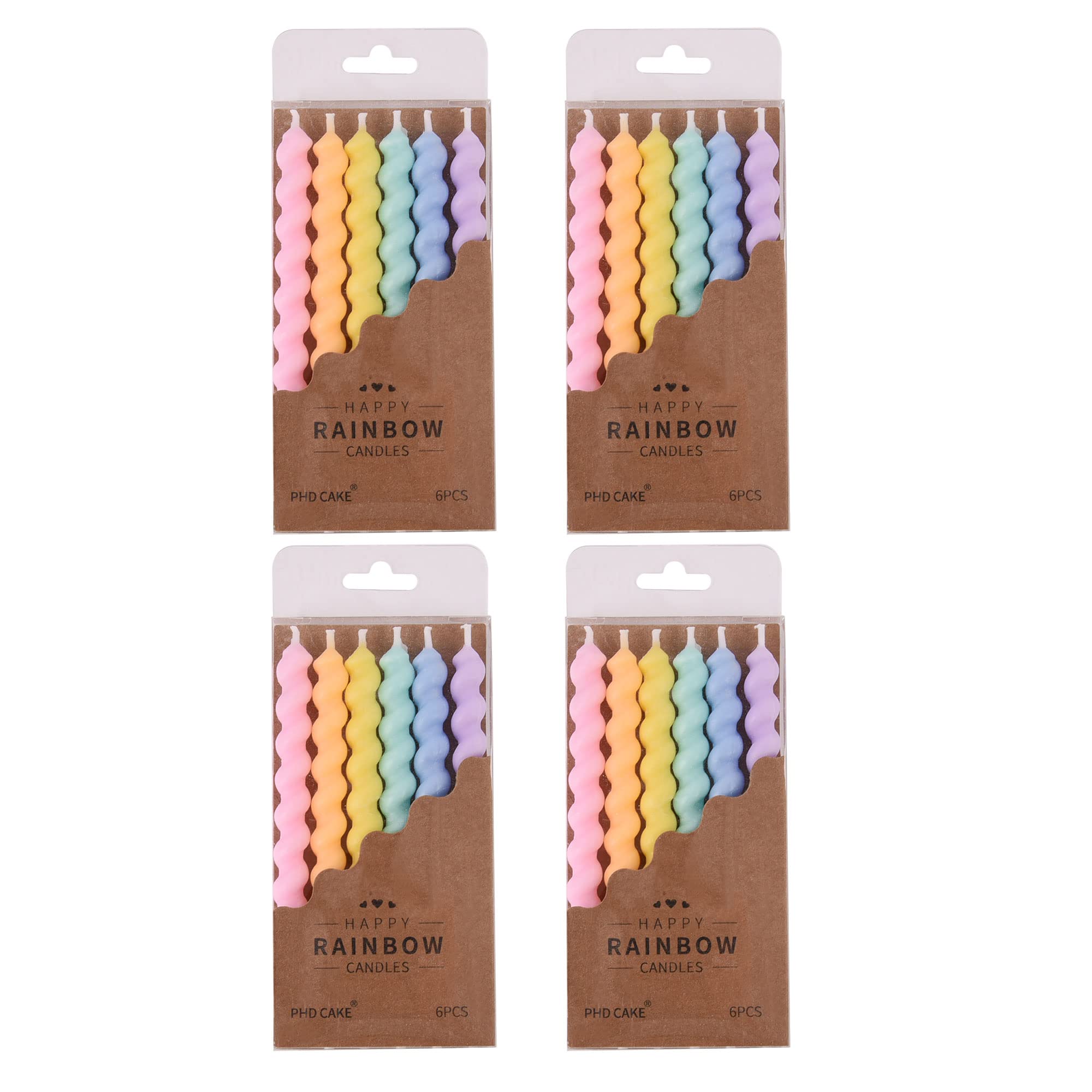 PHD CAKE 24-Count Rainbow Spiral Birthday Candles with Holders packaging