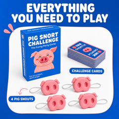 Box contents show 150 challenge cards for Pig Nose Game