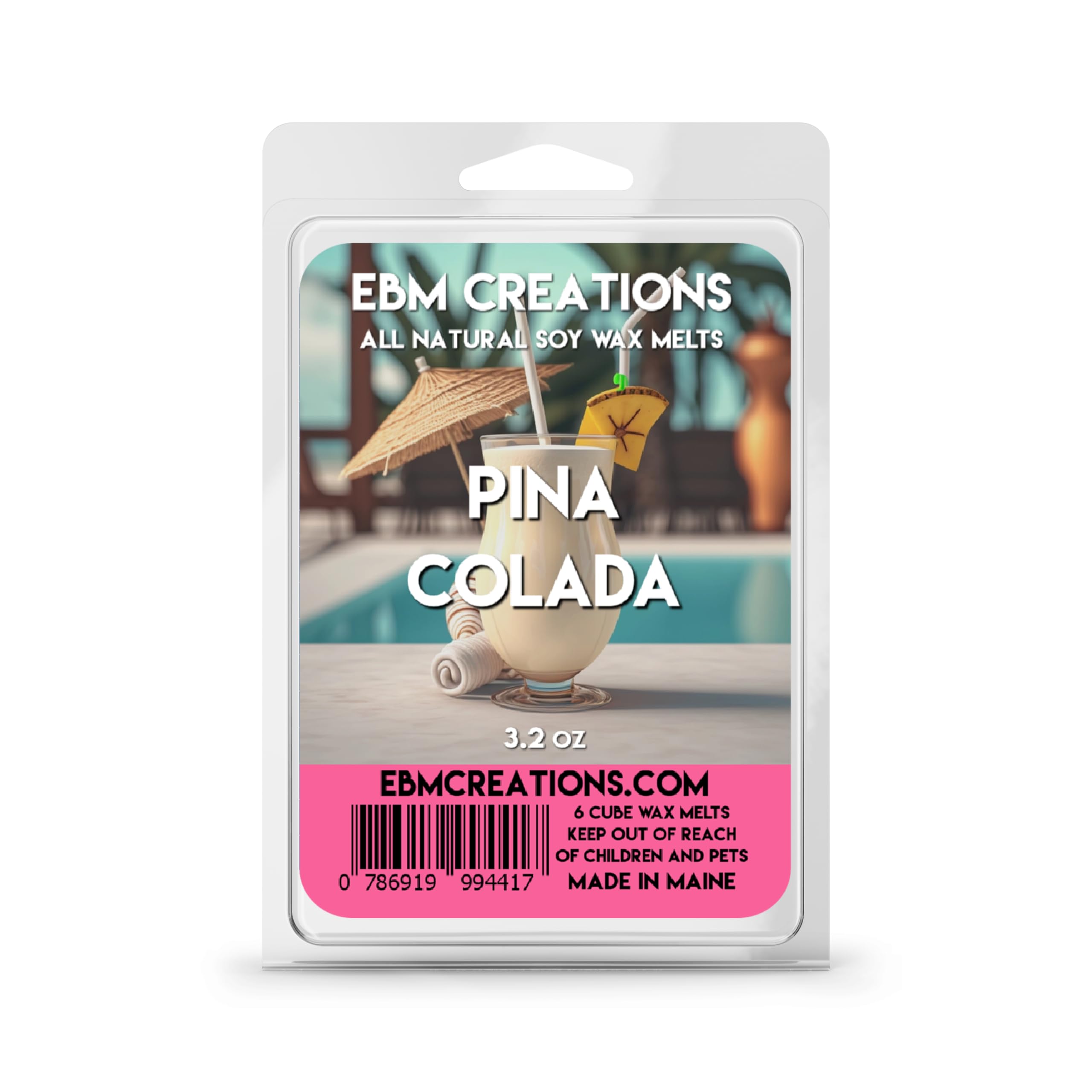 Pina Colada soy wax melts in a six cube clamshell