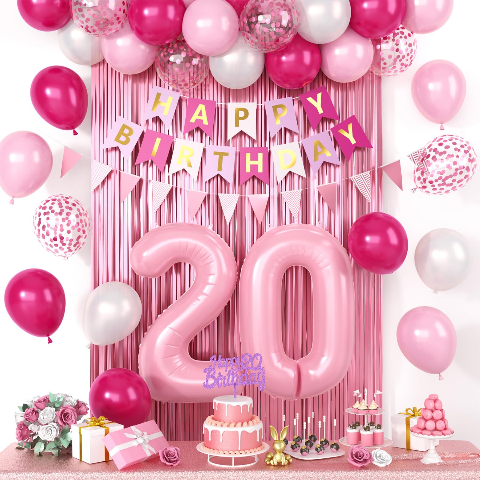 Pink 20th birthday decorations product image showing banners and balloons