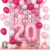 Pink 20th birthday decorations product image showing banners and balloons