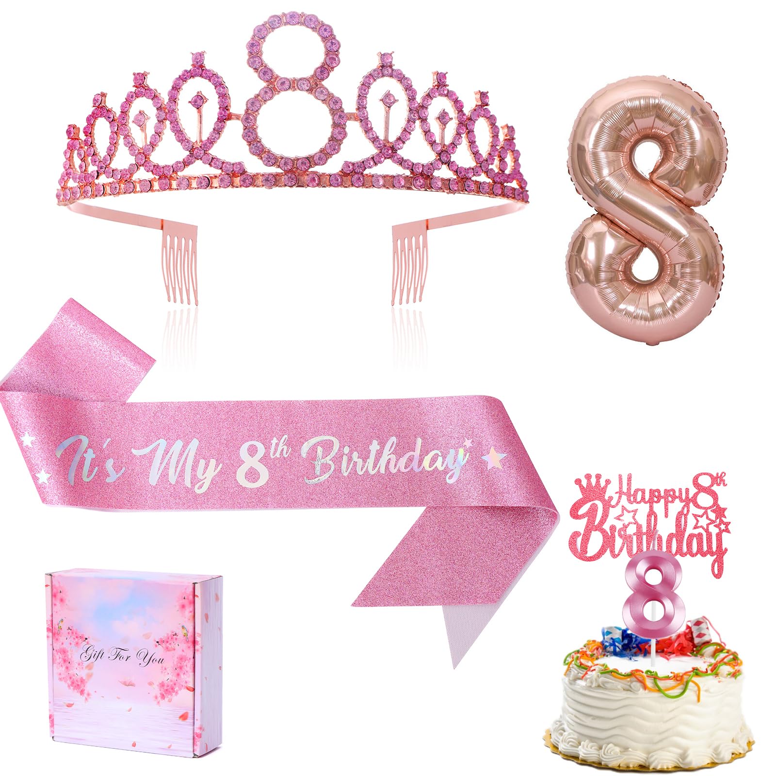 Pink 8 Birthday Candle with Rose Gold Sash for 8th birthday