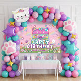Pink cat theme birthday party supplies backdrop with cartoon cat decor