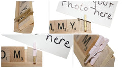 Handmade scrabble tile frame wood clothespin included