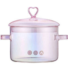 Pink glass saucepan with lid and handle showing 1.5L capacity