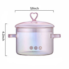 Lid for pink glass saucepan attached to pot