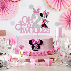 Pink glitter mouse second birthday topper with bows