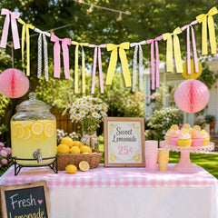 Close up of Pink Lemon Yellow Ribbon Bow Garland ribbons on pink and lemon palette