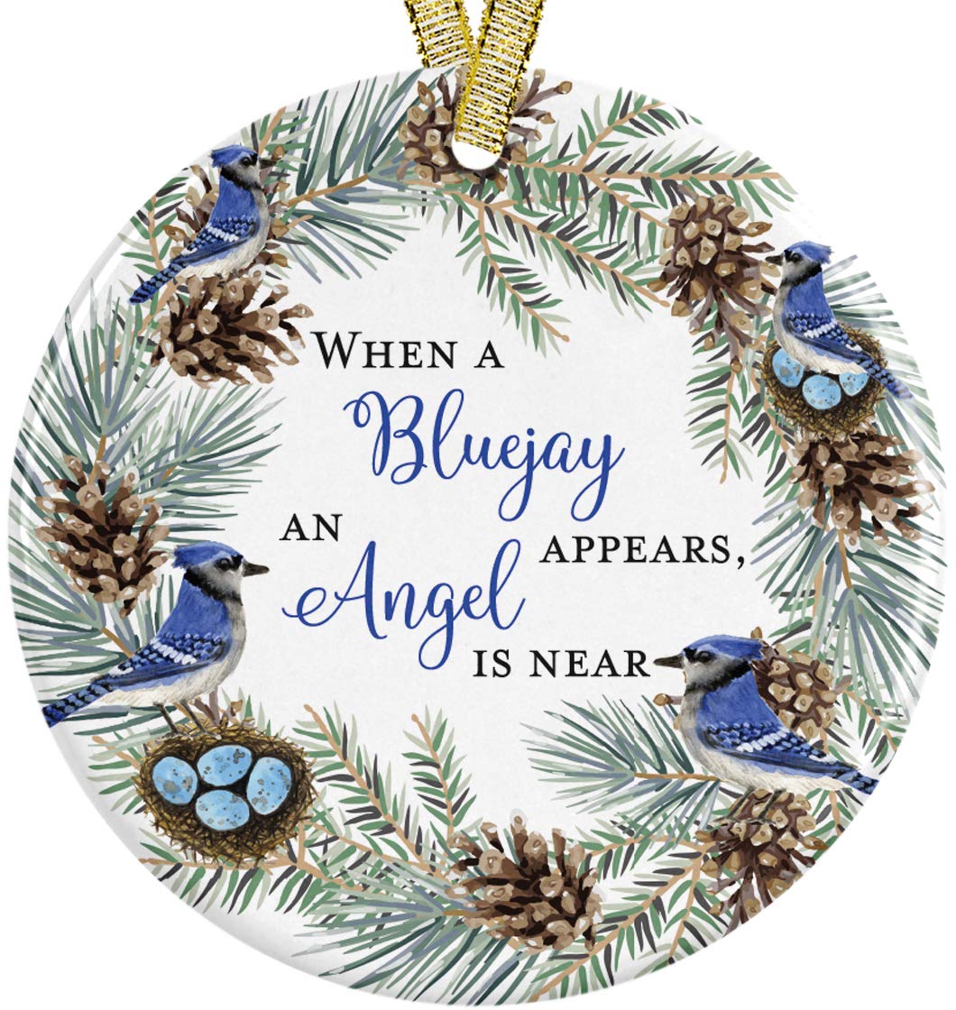 Pink Posies and Pearls Christmas Ornament design When A Bluejay Appears on white ceramic