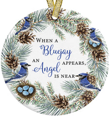 Pink Posies and Pearls Christmas Ornament design When A Bluejay Appears on white ceramic