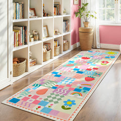 Playroom friendly pink runner rug with low-pile construction