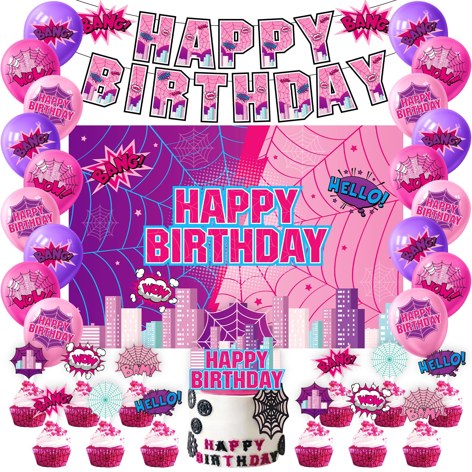 Pink spider web birthday banner on colorful backdrop