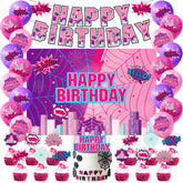 Pink spider web birthday banner on colorful backdrop
