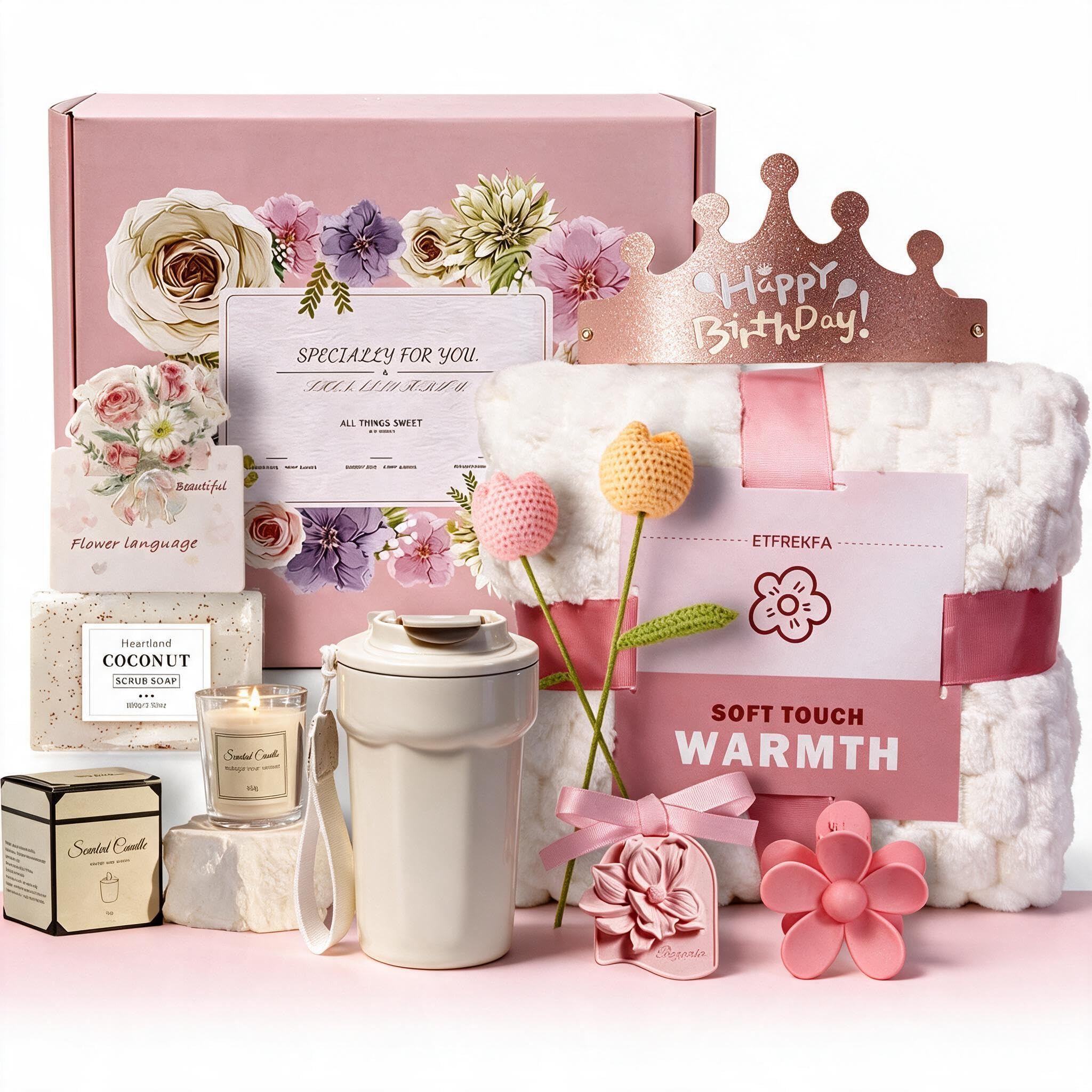 Pink themed birthday gift for women basket with tumbler and blanket