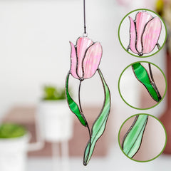 Stained glass window hanging pink tulip design