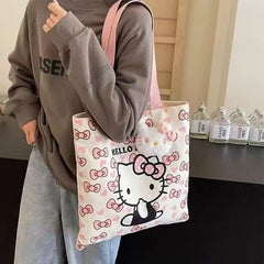 Lightweight premium canvas tote bag for women with pink and white kawaii style