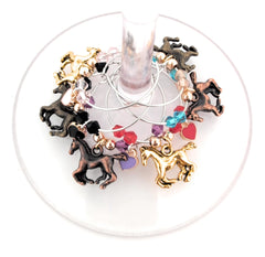 Pixie horse wine charms set of 6 on silver tone rings