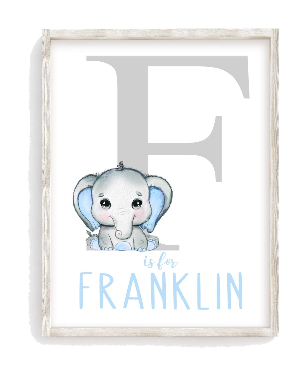 Pixie Paper personalized blue watercolor elephant print for baby boy nursery