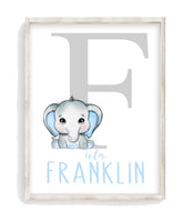 Pixie Paper personalized blue watercolor elephant print for baby boy nursery
