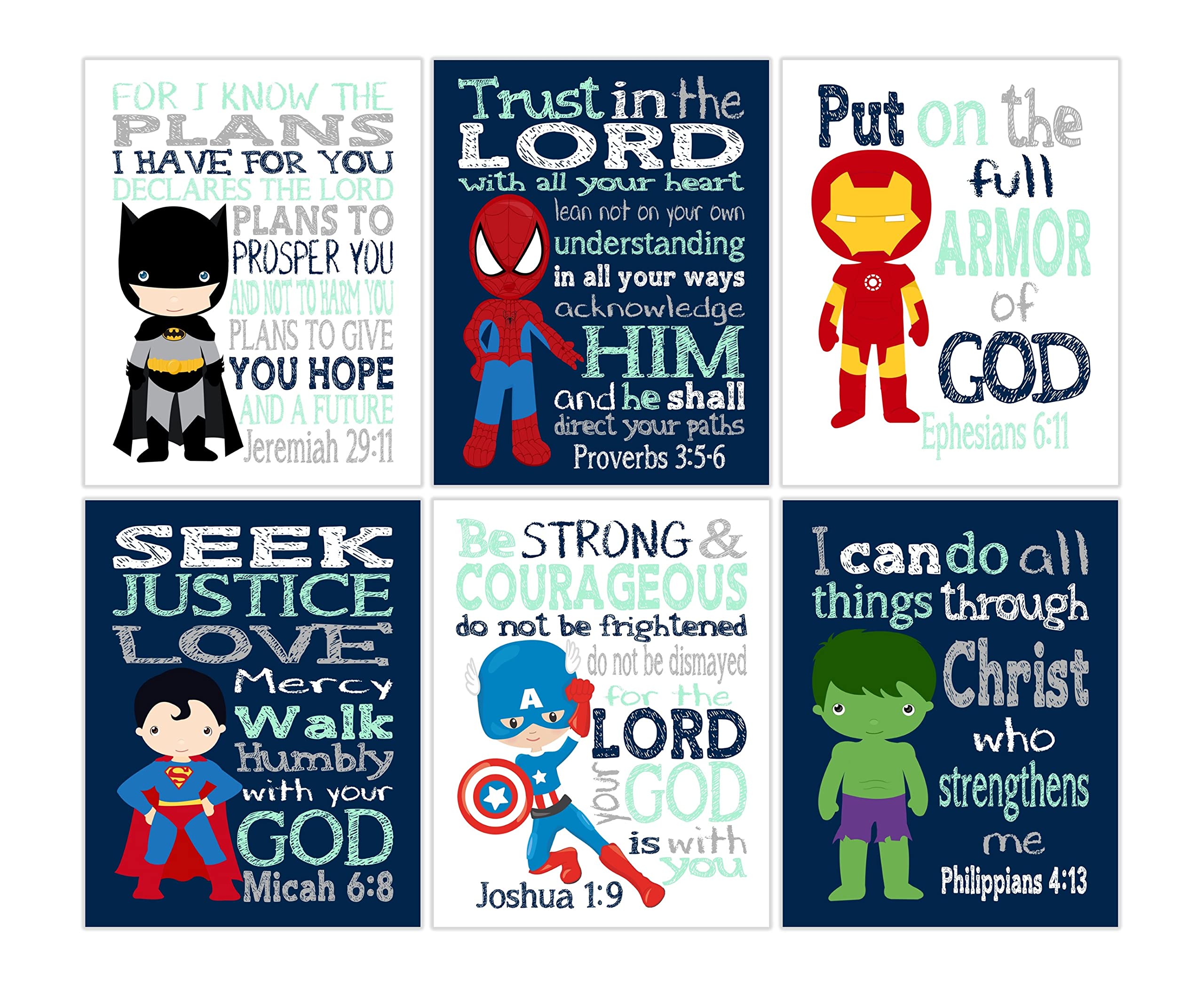 Pixie Paper superhero nursery prints set of 6 unframed blue mint