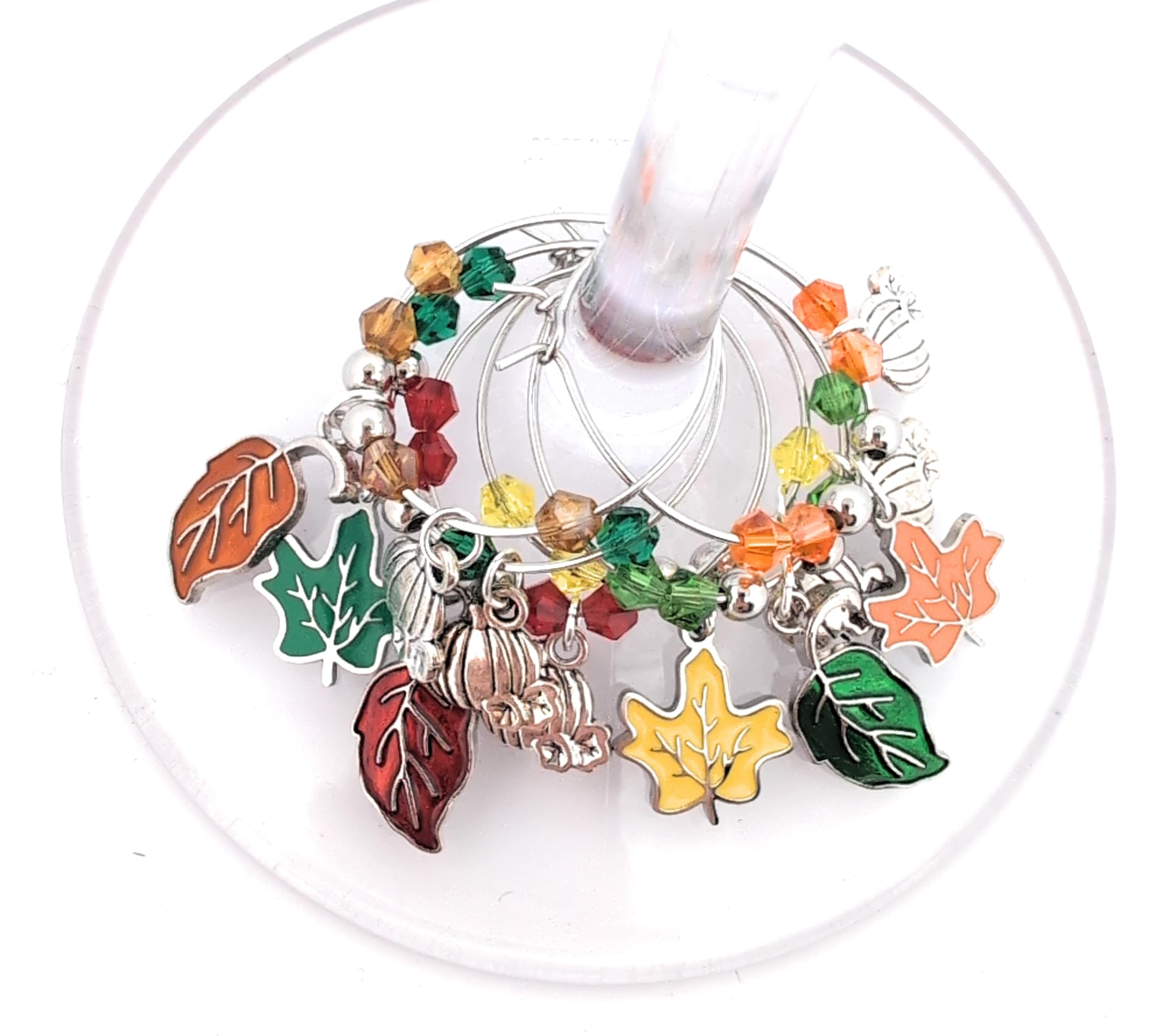 Pixie Thanksgiving leaf wine charms with pumpkins set with 1 inch beaded wine rings