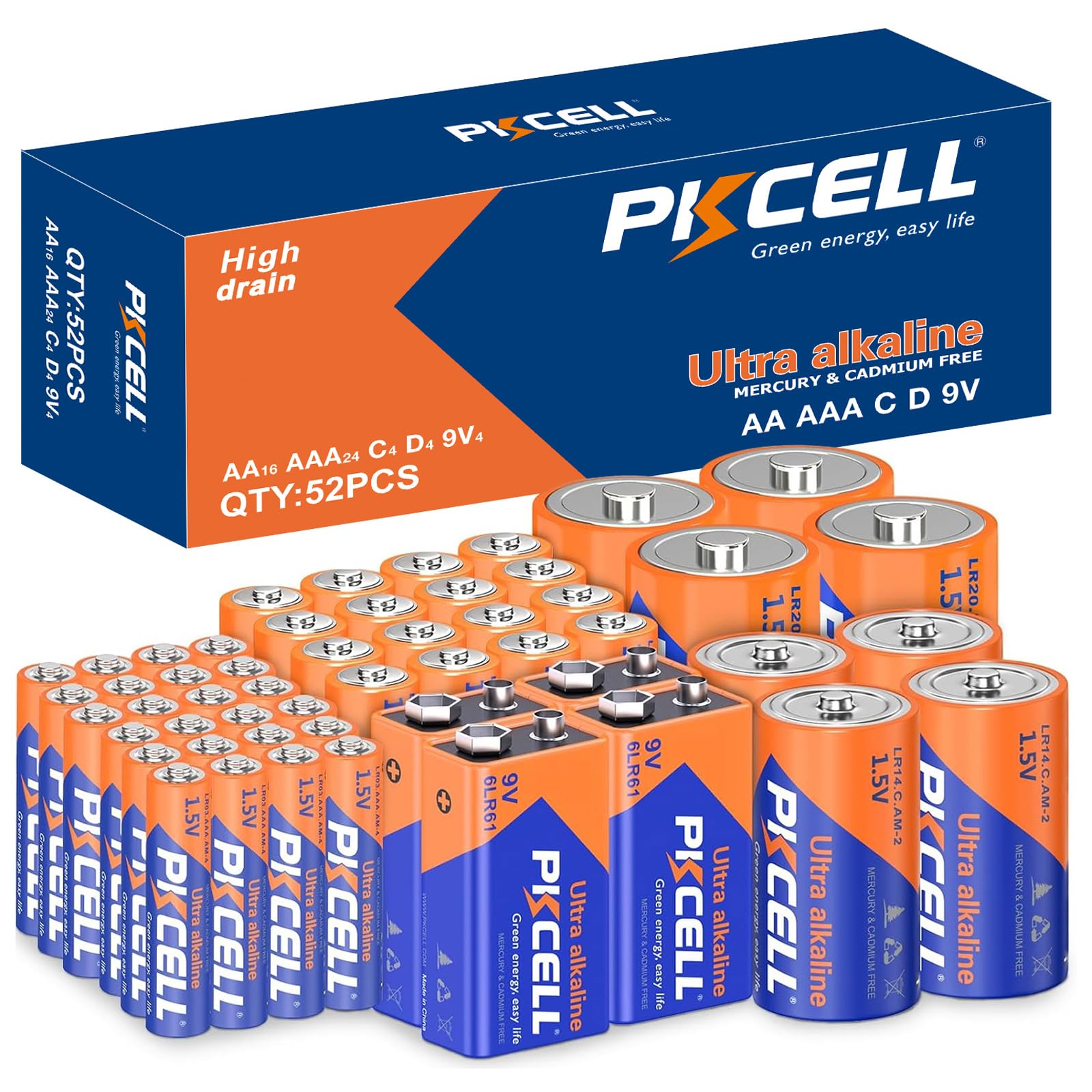 PKCELL 52 counts alkaline battery variety pack product image