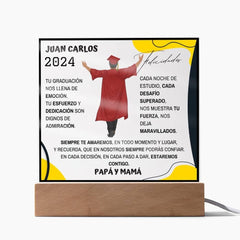 Placa acrílica de graduación personalizada con base de madera