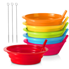 PLASKIDY kids cereal bowls with built-in straws set of 6 assorted colors