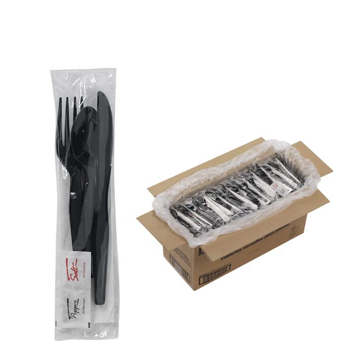 150 Plastic Cutlery Packets knife fork spoon napkin salt pepper set in black plastic silverware