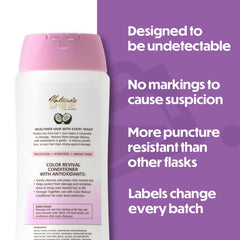 Plastic flask disguised as liquor bottle with shampoo label